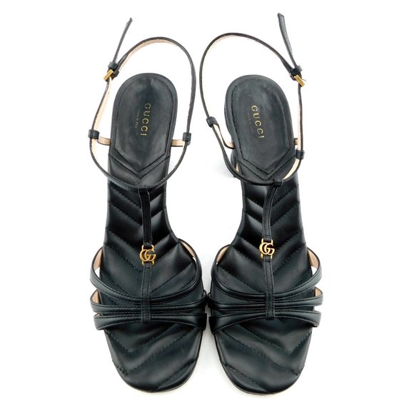 GUCCI GG Logo T-strap Black Quilted Leather Block Heel Ankle Sandals 40.5 - Picture 3 of 11